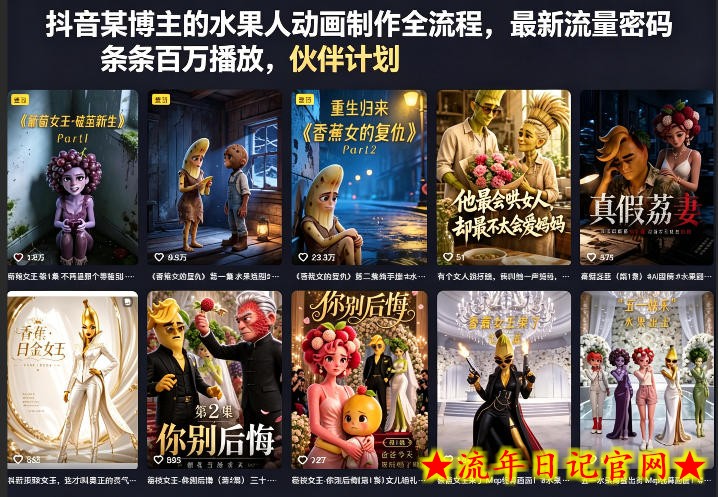 抖音某博主的水果人动画制作全流程，最新流量密码，条条百万播放，伙伴计划|分成计划|商单|收徒等