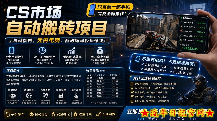 手机即可操作的CS市场自动搬砖系统｜自动监控｜自动下单|日入300+【揭秘】