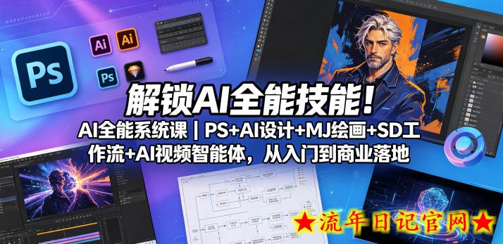 解锁AI全能技能！AI全能系统课｜PS+AI设计+MJ绘画+SD工作流+AI视频智能体，从入门到商业落地