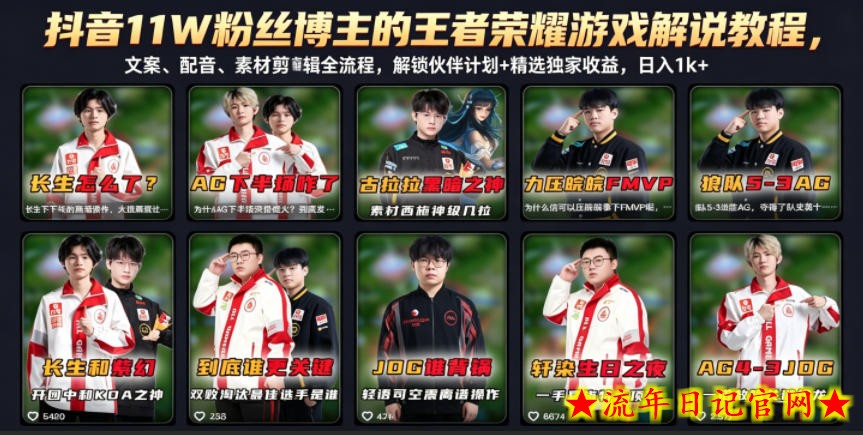 抖音11W粉丝博主的王者荣耀游戏解说教程，文案、配音、素材剪辑全流程，解锁伙伴计划+精选独家收益，日入1k+