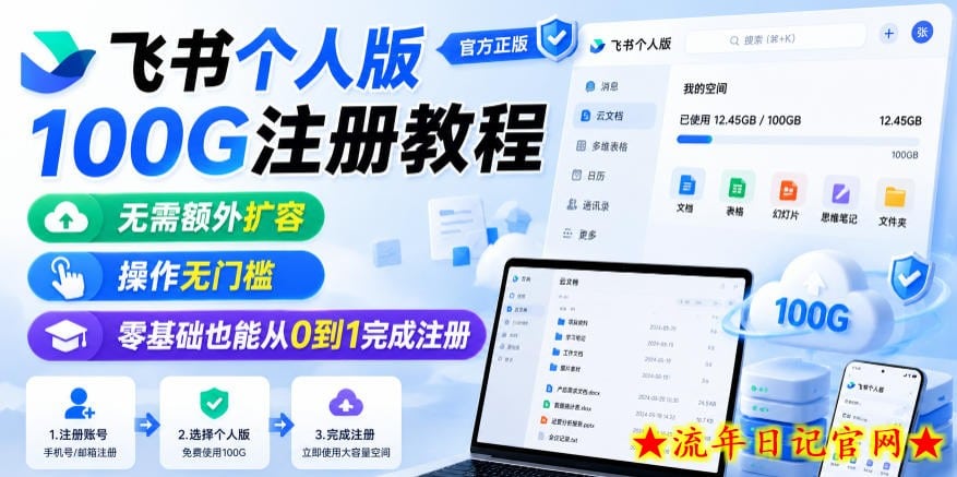 飞书个人版100G注册教程，无需额外扩容，操作无门槛，零基础也能从0到1完成注册
