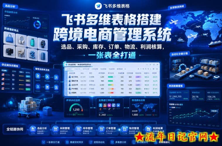 飞书多维表格搭建跨境电商管理系统，选品、采购、库存、订单、物流、利润核算，一张表全打通