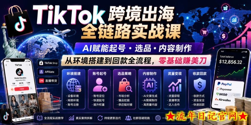 TikTok跨境出海全链路实战课，AI赋能起号・选品・内容制作，从环境搭建到回款全流程，零基础賺美刀
