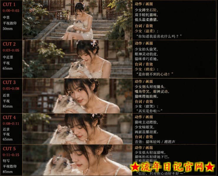 美女和猫故事提示词，人物一致性提示词+故事板