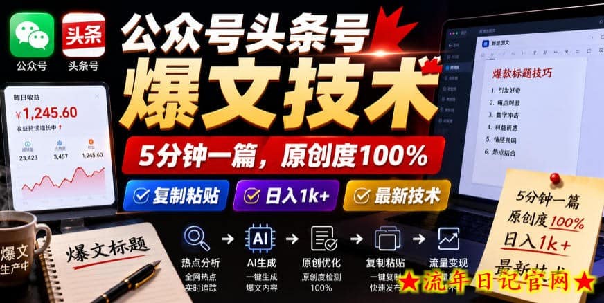 公众号头条号爆文技术，5分钟一篇，原创度100%，复制粘贴，日入1k+，最新技术【揭秘】