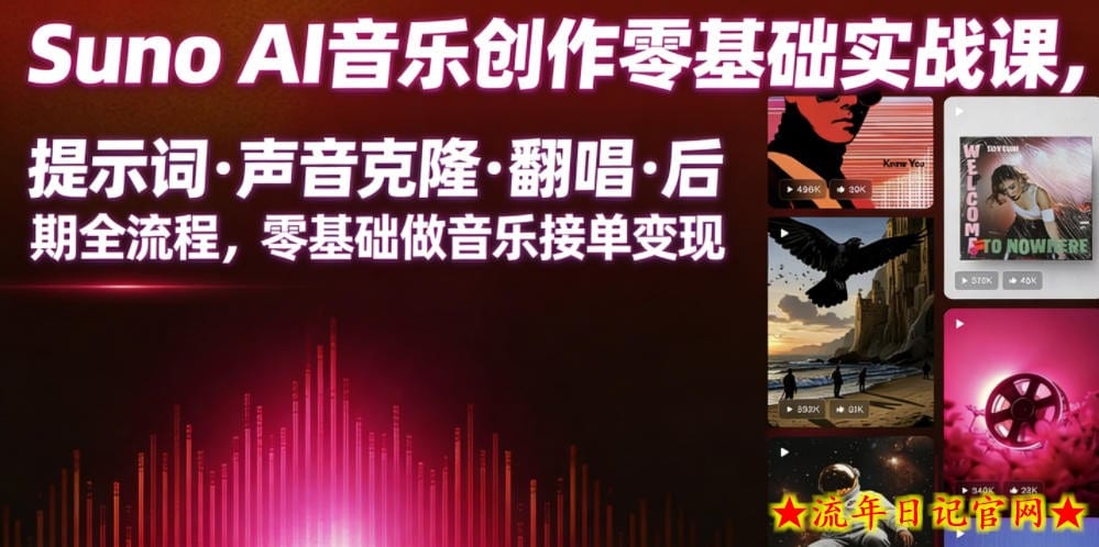 Suno AI音乐创作实战课，提示词・声音克隆・翻唱・后期全流程，零基础做音乐接单变现