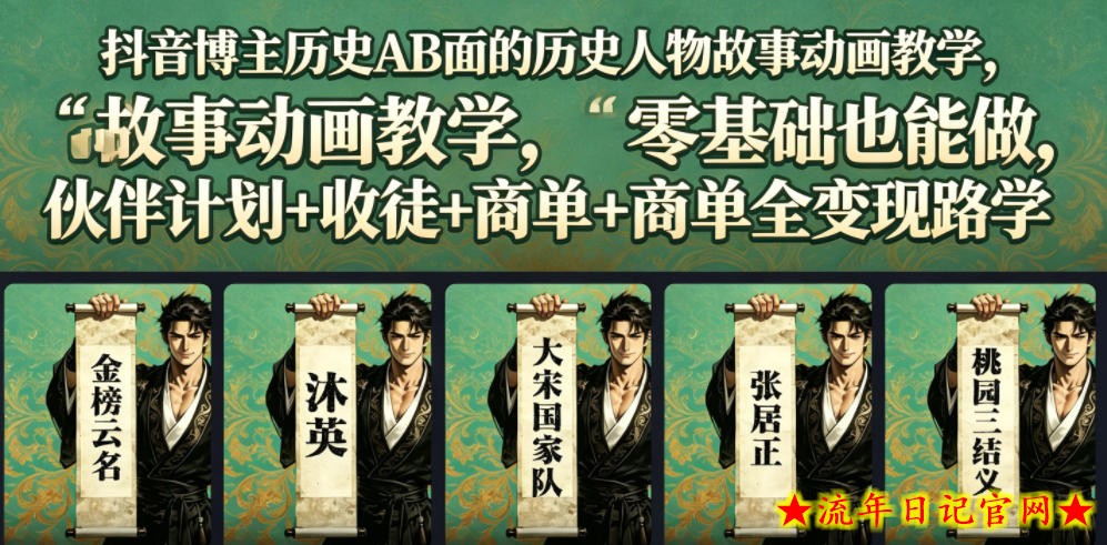抖音博主历史AB面的历史人物故事动画教学，零基础也能做，伙伴计划+收徒+商单全变现路径教学