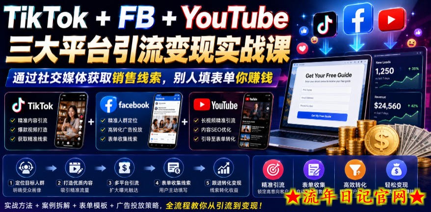 TikTok+FB+YouTube三大平台引流变现实战课，通过社交媒体获取销售线索，别人填表单你賺钱【原创双语字幕】