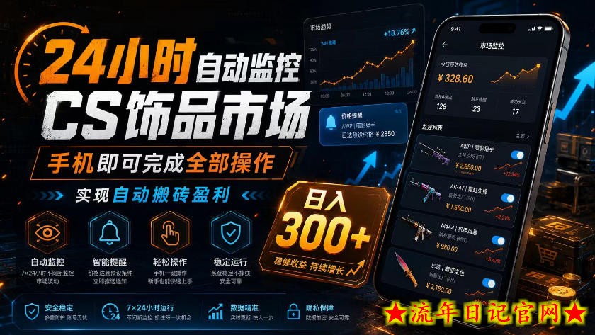 24小时自动监控CS饰品市场，手机即可完成全部操作实现自动搬砖盈利，日入300+【揭秘】