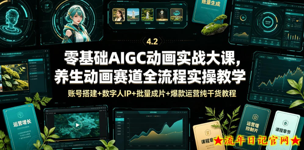 零基础AIGC动画实战大课，养生动画赛道全流程实操教学，账号搭建+数字人IP+批量成片+爆款运营纯干货教程
