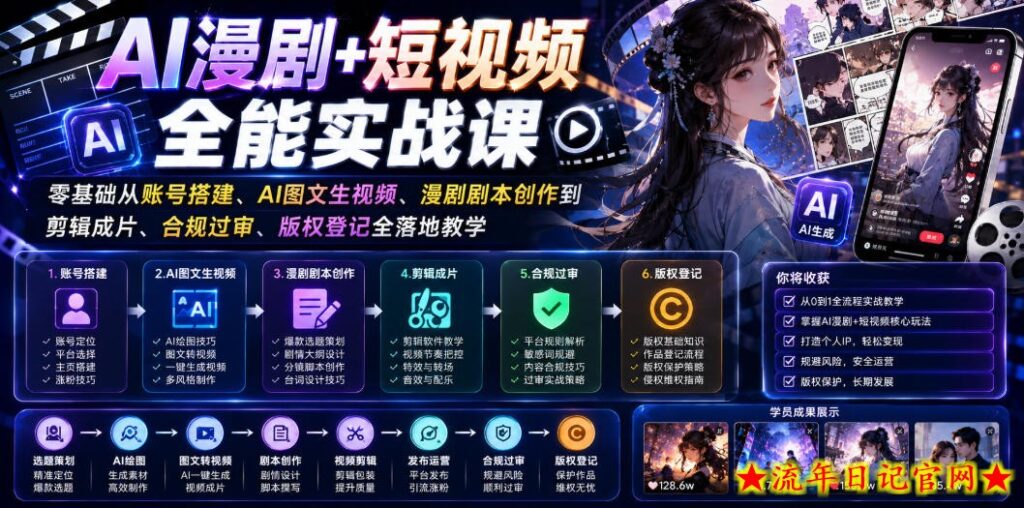 AI漫剧+短视频全能实战课｜零基础从账号搭建、AI图文生视频、漫剧剧本创作到剪辑成片、合规过审、版权登记全落地教学-流年日记