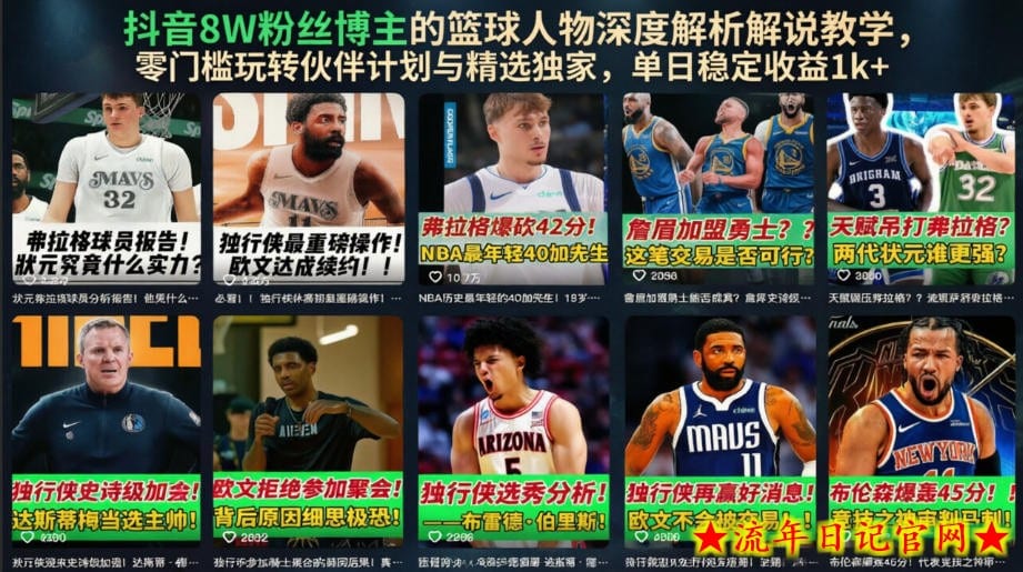抖音8W粉丝博主的篮球人物深度解析解说教学，零门槛玩转伙伴计划与精选独家，单日稳定收益1k+