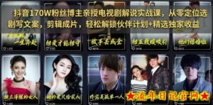 抖音170W粉丝博主亲授电视剧解说实战课,从零定位选剧写文案剪辑成片,轻松解锁伙伴计划+精选独家收益(更新)-流年日记