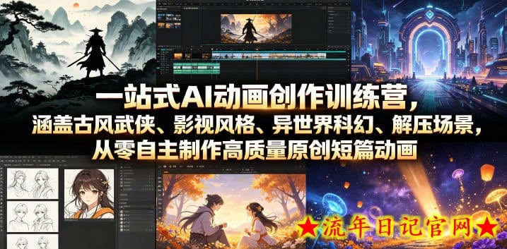 一站式AI动画创作训练营，涵盖古风武侠、影视风格、异世界科幻、解压场景，从零自主制作高质量原创短篇动画