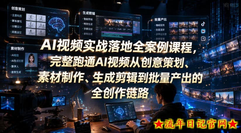 AI视频实战落地全案例课程，完整跑通AI视频从创意策划、素材制作、生成剪辑到批量产出的全创作链路