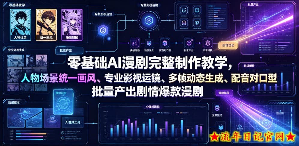 零基础AI漫剧完整制作教学，人物场景统一画风、专业影视运镜、多帧动态生成、配音对口型，批量产出剧情爆款漫剧