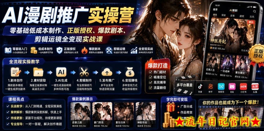 AI漫剧推广实操营｜零基础低成本制作、正版授权、爆款剧本、剪辑运镜全变现实战课-流年日记