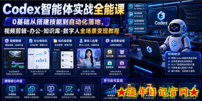 Codex智能体实战全能课｜0基础从搭建技能到自动化落地，视频剪辑-办公-知识库-数字人全场景变现教程-流年日记