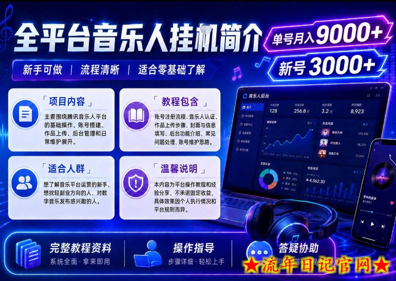 全平台音乐类挂G，单机单号月入9000+，可矩阵，可工作室放大操作【揭秘】