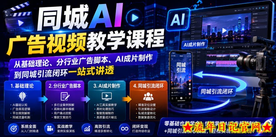 同城AI广告视频教学课程，从基础理论、分行业广告脚本、AI成片制作到同城引流闭环一站式讲透