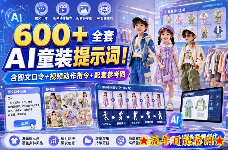 600+全套AI童装提示词！含图文口令+视频动作指令+配套参考图，Word-Excel规整分类，童装电商、种草无脑量产内容！