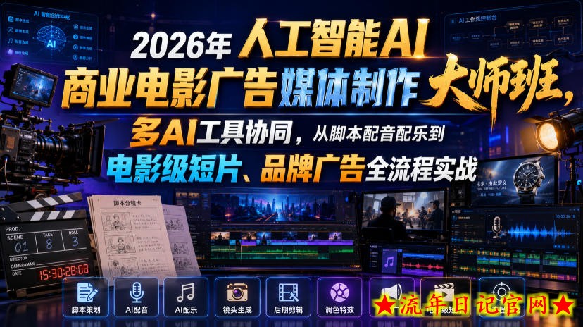 2026年人工智能AI商业电影广告媒体制作大师班，多AI工具协同，从脚本配音配乐到电影级短片、品牌广告全流程实战（中英字幕）
