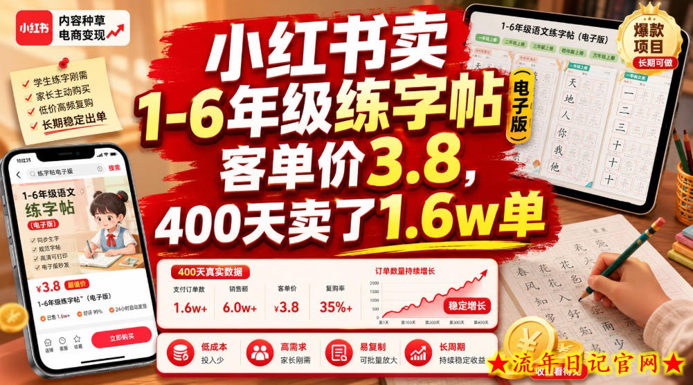小红书卖1-6年级练字帖（电子版），客单价3.8，400天卖了1.6w单-流年日记