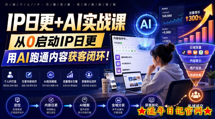 IP日更+AI实战课，从0启动IP日更，IP置顶视频制作+100条选题库搭建+10条日更规划，用AI跑通内容获客闭环!-流年日记