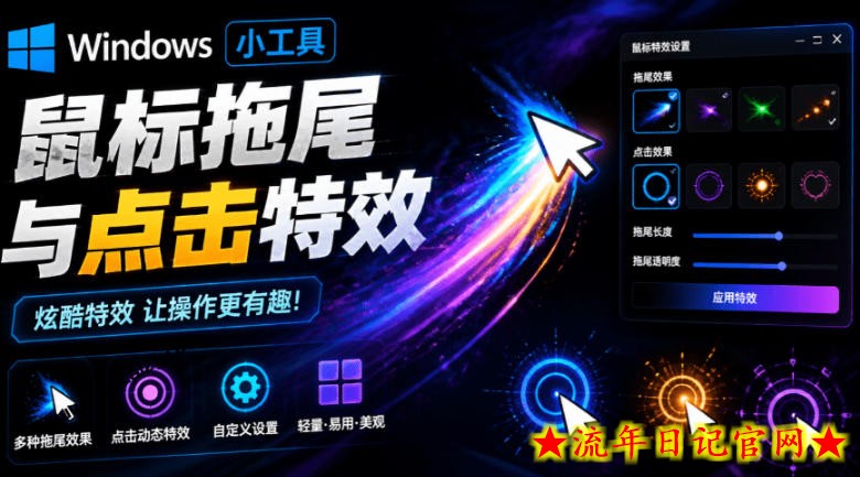 Windows特效小工具！一键给你的鼠标添加拖尾与点击动态特效，吾爱出品，免费使用Mouse Trail-流年日记