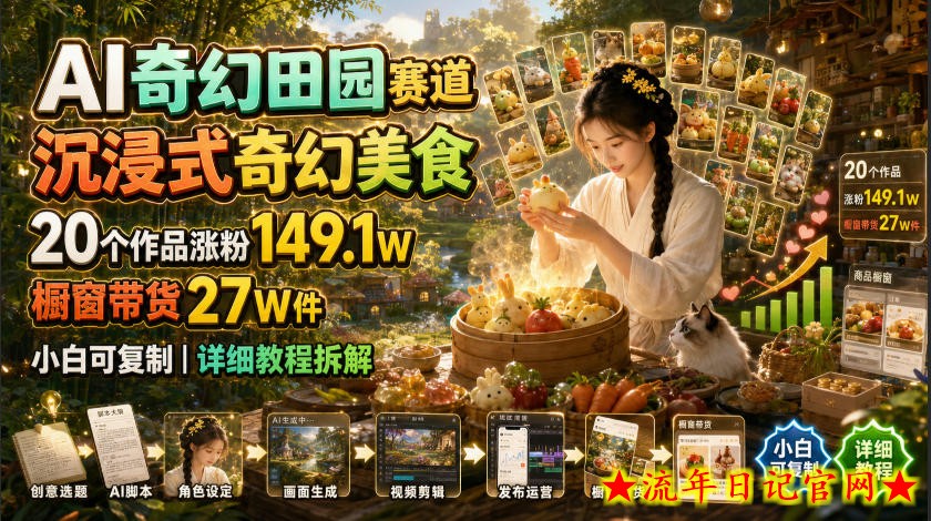 AI奇幻田园赛道,沉浸式奇幻美食,20个作品涨粉149.1W,橱窗带货27W件,小白可复制,详细教程拆解-流年日记