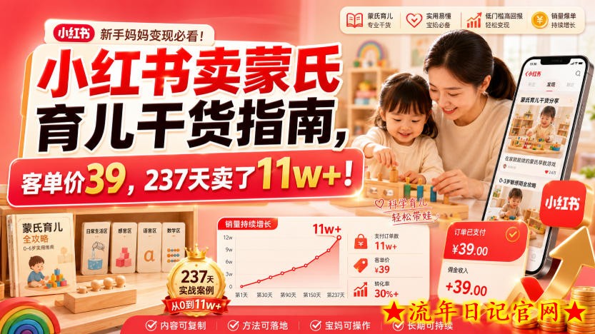 小红书卖蒙氏育儿干货指南,客单价39,237天卖了11w+!-流年日记