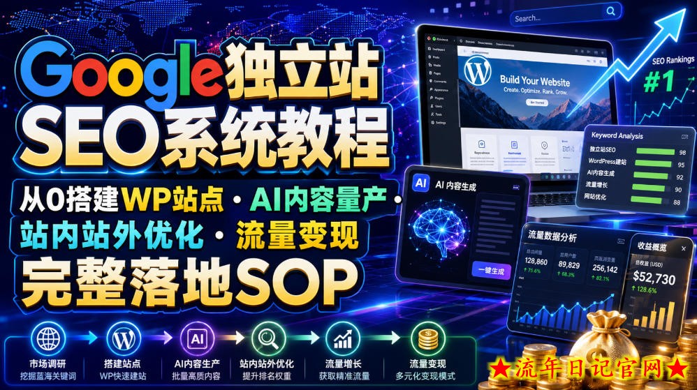 Google独立站SEO系统教程，从0搭建WP站点・AI内容量产・站内站外优化・流量变现完整落地SOP（2026年7月）
