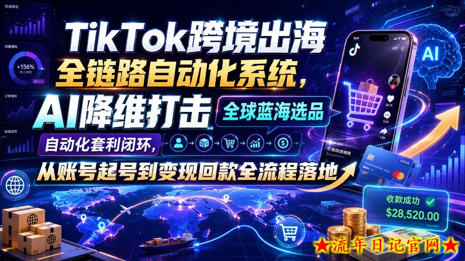 TikTok跨境出海全链路自动化系统，AI降维打击全球蓝海选品自动化套利闭环，从账号起号到变现回款全流程落地（2026年7月）