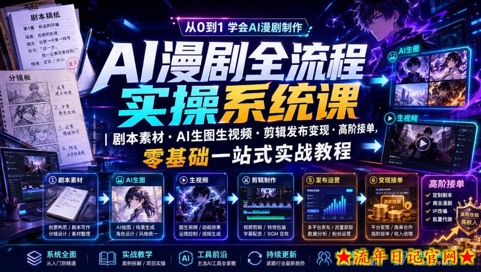 AI漫剧全流程实操系统课｜剧本素材・AI生图生视频・剪辑发布变现・高阶接单，零基础一站式实战教程
