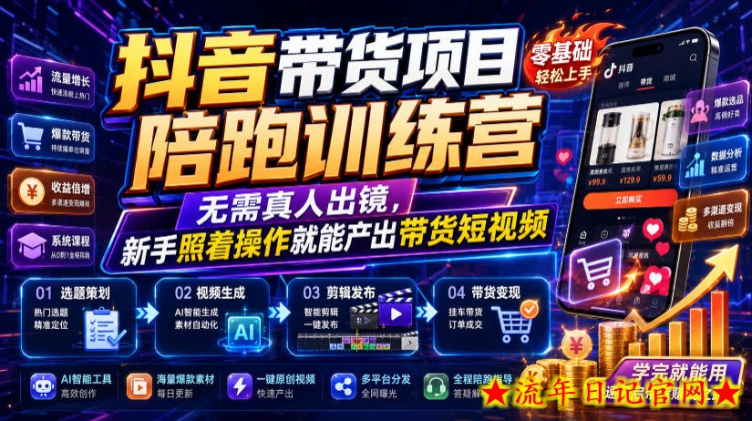 抖音带货项目陪跑训练营，无需真人出镜，新手照着操作就能产出带货短视频