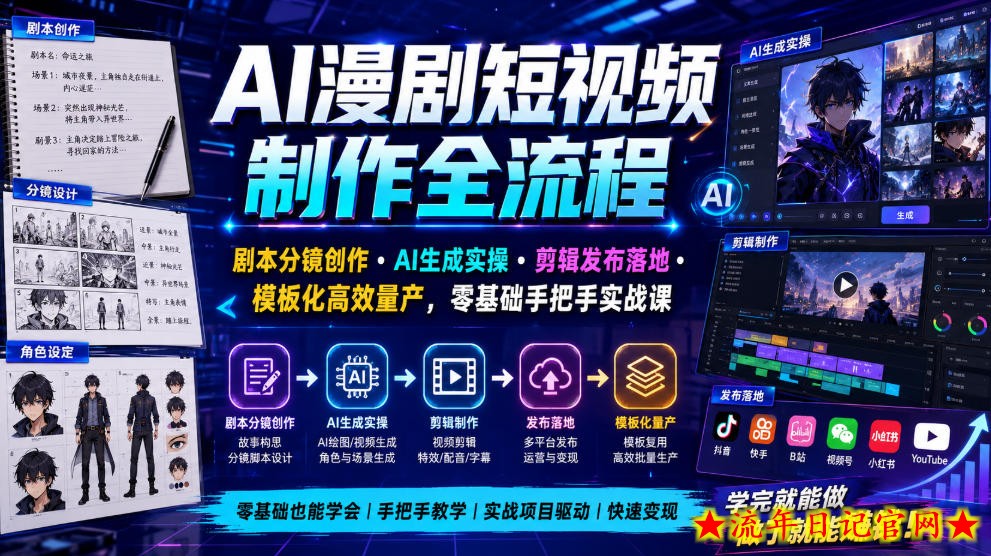 AI漫剧短视频制作全流程｜剧本分镜创作・AI生成实操・剪辑发布落地・模板化高效量产，零基础手把手实战课