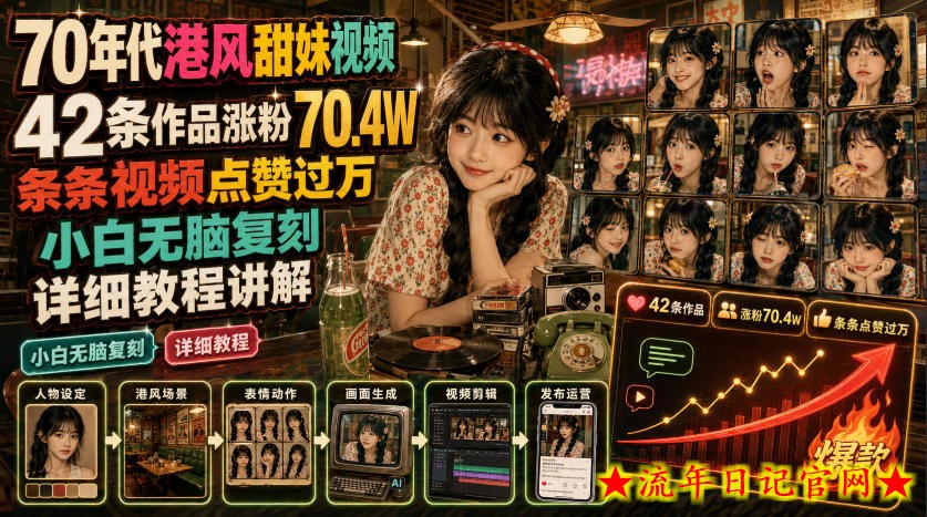 70年代港风甜妹视频，42条作品涨粉70.4W，条条视频点赞过万，小白无脑复刻，详细教程讲解