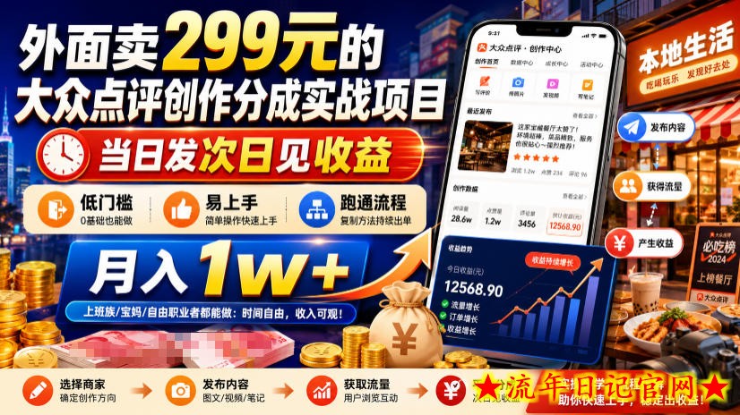 外面卖299元的大众点评创作分成实战项目,当日发次日见收益,低门槛易上手,跑通流程月入1w+-流年日记