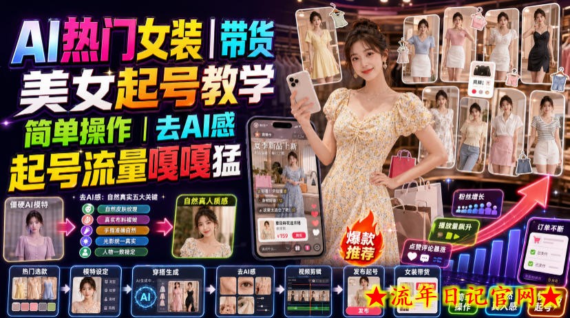 AI热门女装带货丨美女起号教学,简单操作,去AI感,起号流量嘎嘎猛-流年日记