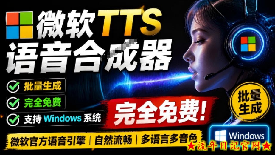 微软TTS免费语音配音生成器,完全免费,支持多语音、多音色选择,Windows系统专用TTS语音合成器-流年日记