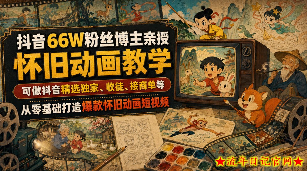 抖音66W粉丝博主亲授怀旧动画教学,可做抖音精选独家、收徒、接商单等,从零基础打造爆款怀旧动画短视频-流年日记