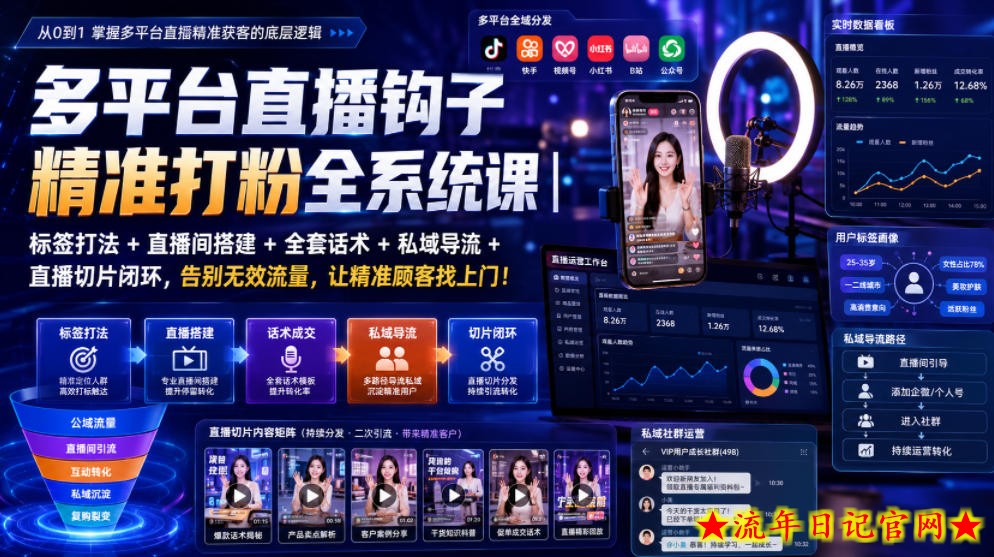 多平台直播钩子精准打粉全系统课｜标签打法+直播间搭建+全套话术+私域导流+直播切片闭环，告别无效流量，让精准顾客找上门！-流年日记