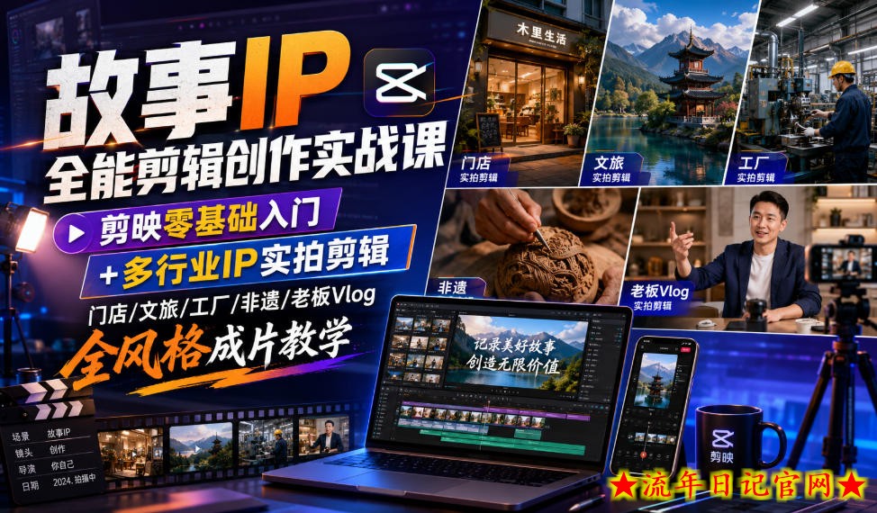 故事IP全能剪辑创作实战课｜剪映零基础入门+多行业IP实拍剪辑，门店/文旅/工厂/非遗/老板Vlog全风格成片教学