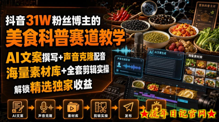 抖音31W粉丝博主的美食科普赛道教学，AI文案撰写+声音克隆配音+剪辑实操，解锁精选独家收益