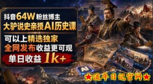 抖音64W粉丝博主大驴说史亲授AI历史课，可以上精选独家，全网发布收益更可观，单日收益1k+-流年日记