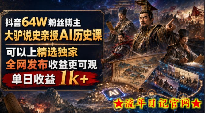 抖音64W粉丝博主大驴说史亲授AI历史课，可以上精选独家，全网发布收益更可观，单日收益1k+