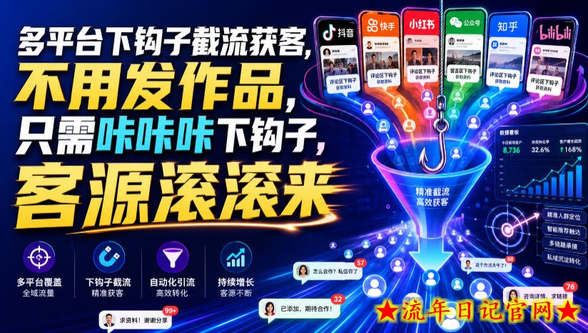 多平台下钩子截流获客，不用发作品，只需咔咔咔下钩子，客源滚滚来