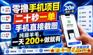 零撸手机项目，二十秒一单，手机直接截图，纯薅羊毛，一天200+做就有【揭秘】-流年日记