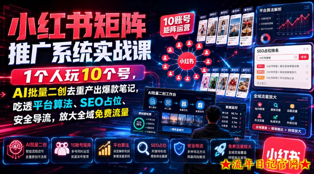 小红书矩阵推广系统实战课｜1个人玩10个号，AI批量二创去重产出爆款笔记，吃透平台算法、SEO占位、安全导流，放大全域免费流量