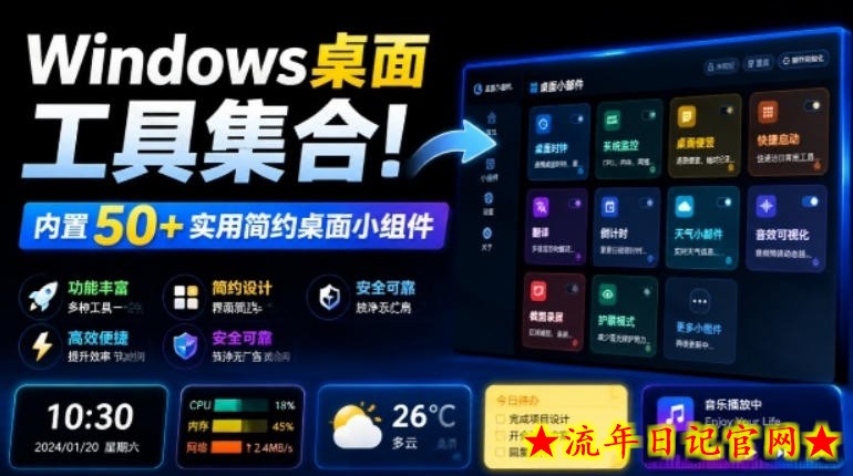 Windows桌面工具集合！内置50+实用简约桌面小组件，含截图、录屏、翻译、天气等，多秘工具箱